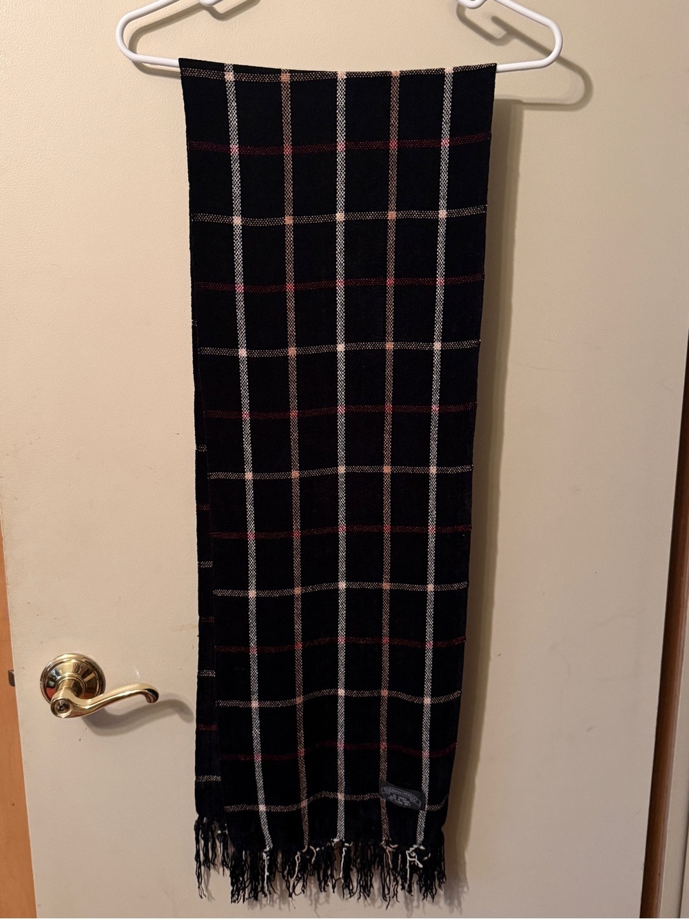 Vintage Plaid Fringe Scarf 100% Rayon Chenille Black Red Cream
